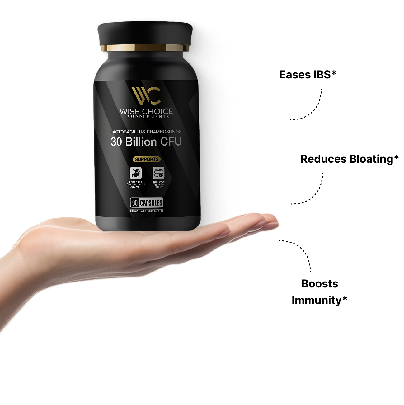 Lifestyle photo: hand showcases Wise Choice LGG probiotic, 30 Billion CFU, 90-capsule black bottle; digestive support.
