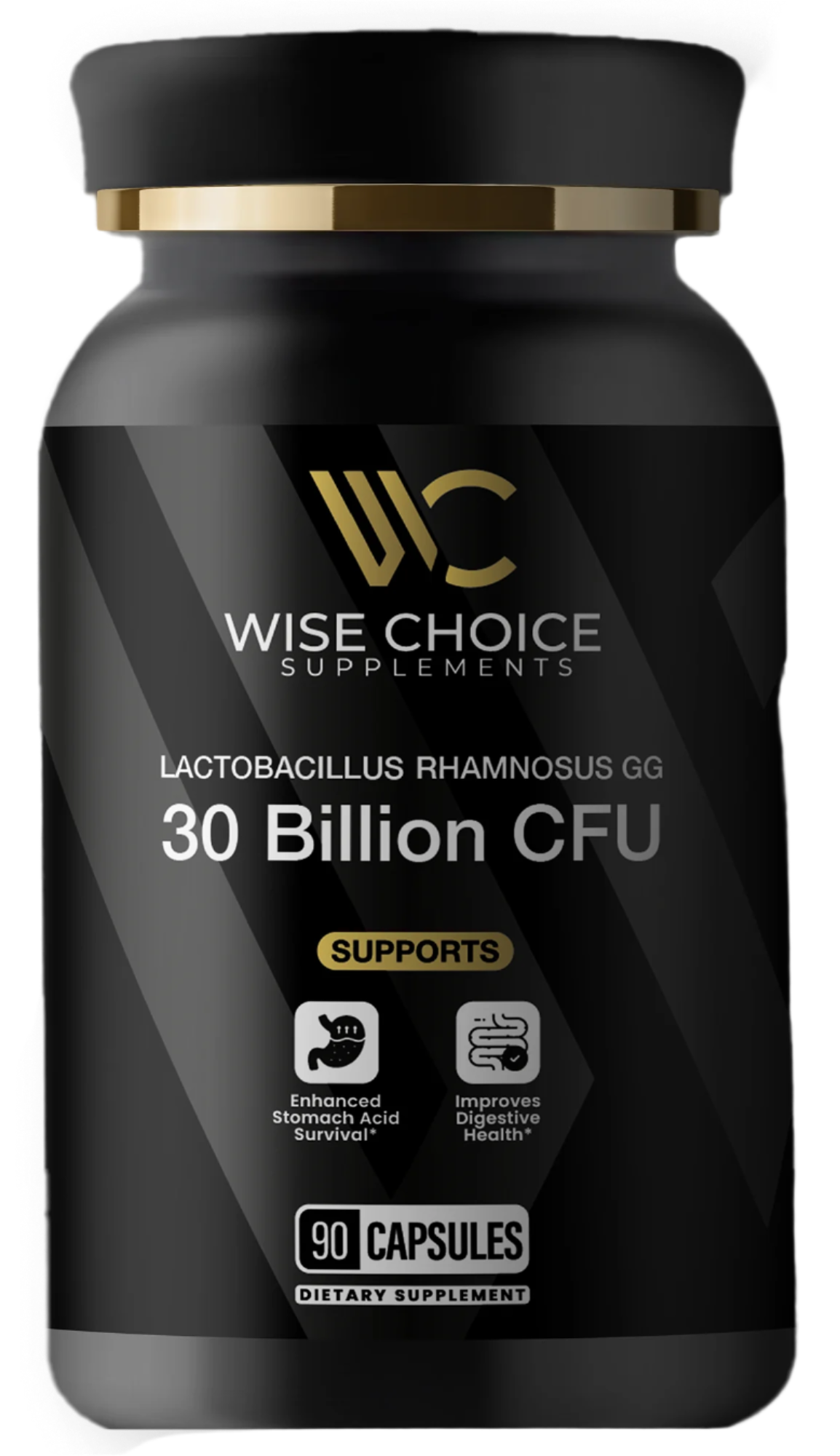 Wise Choice LGG Probiotic (Lactobacillus rhamnosus GG) - 30 Billion CFU, 90 capsules; black bottle with gold cap, label highlights digestive support.