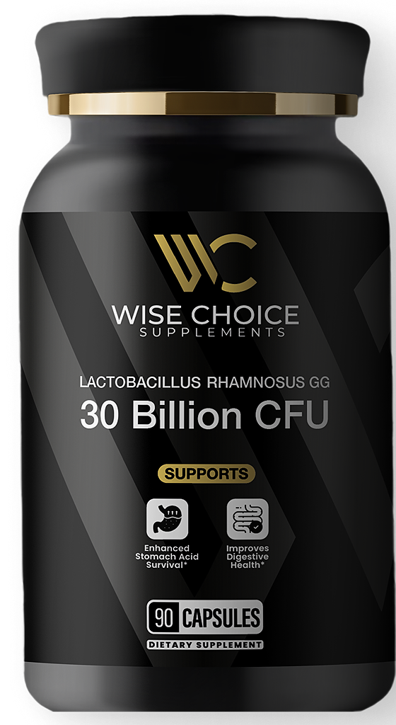 Front label close-up of Wise Choice Supplements LGG - 30 Billion CFU Lactobacillus rhamnosus GG - 90-capsule black bottle with gold trim.