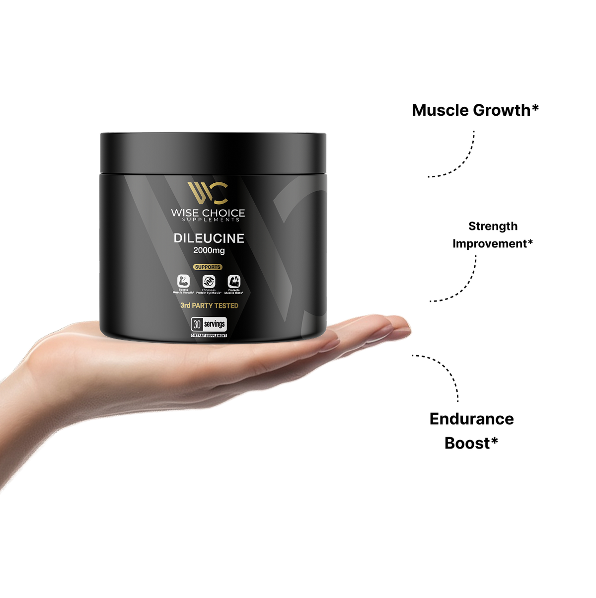 Wise Choice Dileucine 2000 mg container held in one hand