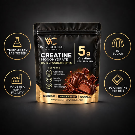 Wise Choice Creatine Monohydrate Dark Chocolate Bites pouch with 5g creatine per bite, 30 servings